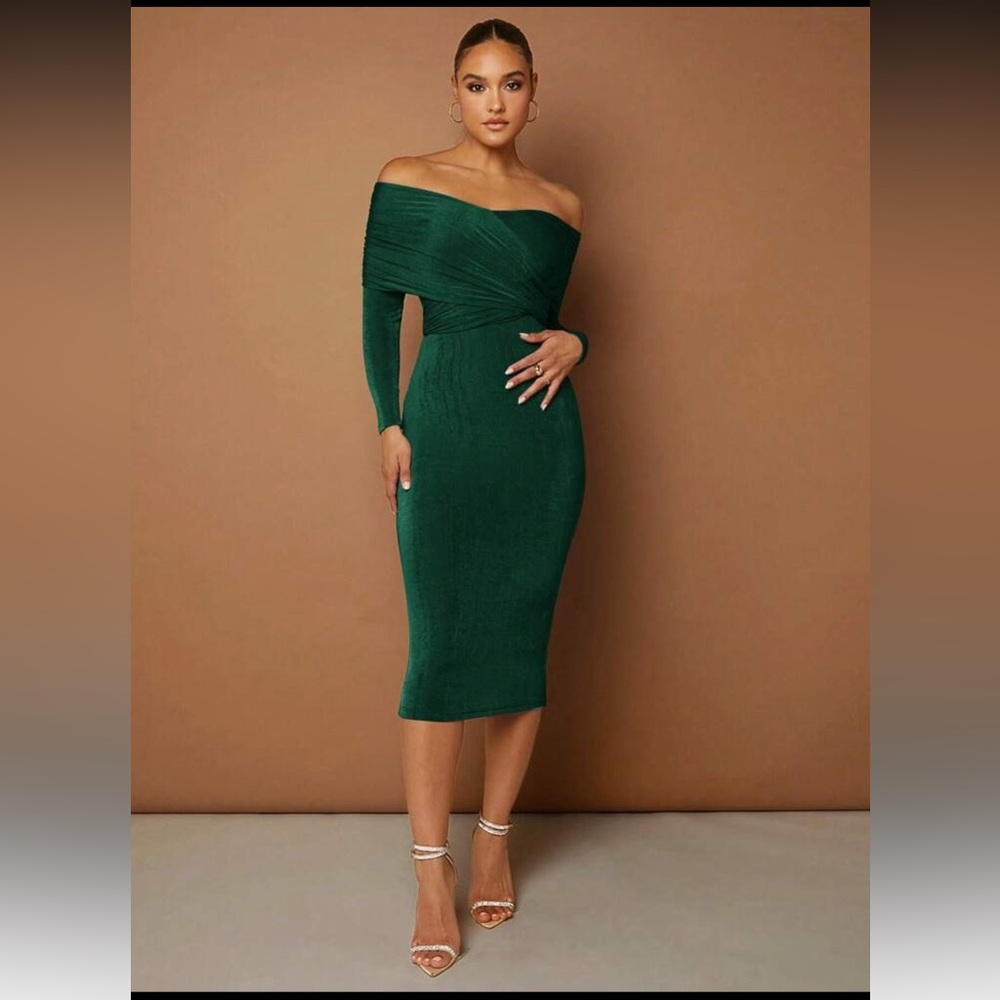 SHEIN Off Shoulder Ribbed Bodycon Dress – Emerald Green, Size L